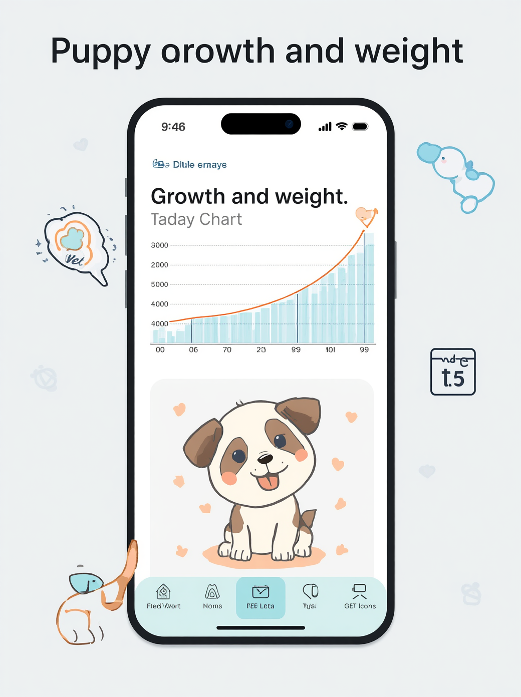 Ilustración moderna estilo app sobre crecimiento y peso de cachorro. Incluye cachorro simpático, gráfica de crecimiento, báscula, calendario, iconos de salud y pequeños elementos de seguimiento veterinario. Estilo.jpg