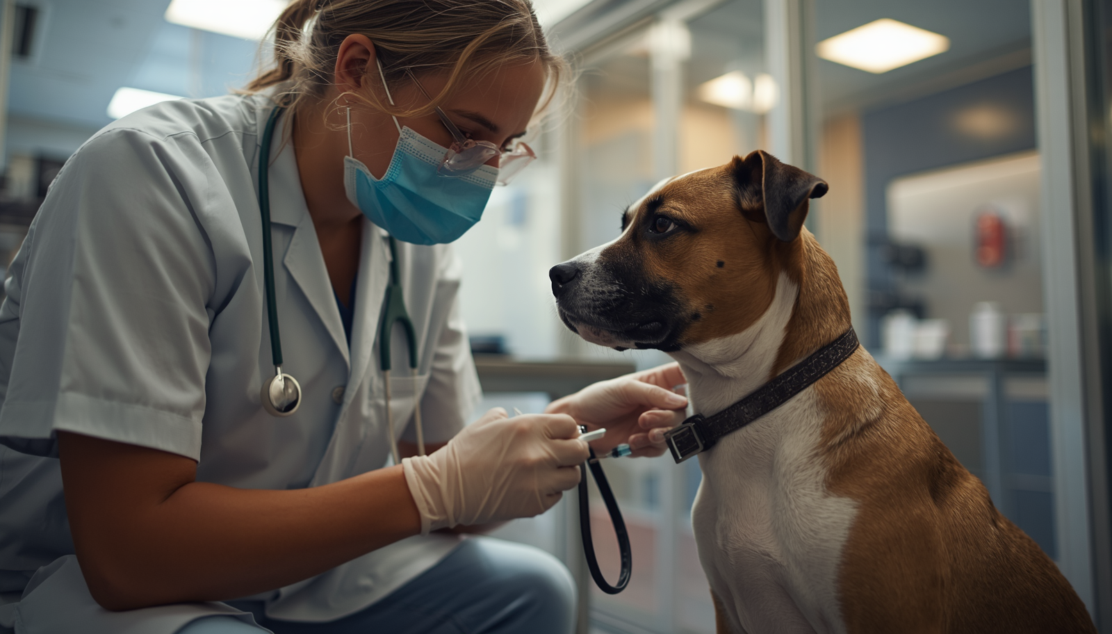Imagen cinematográfica para blog sobre historial de vacunación de perro, veterinario administrando vacuna a un perro, ambiente profesional y cálido, clínica veterinaria moderna, iluminación cinematográfica.jpg