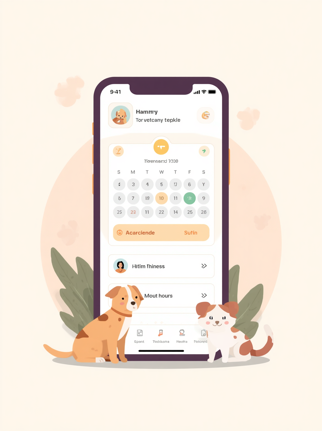 Ilustración moderna estilo app. Incluye calendario y pequeños elementos de seguimiento veterinario. Estilo limpio, amable y digital, colores suaves, sensación familiar y confiable, fondo claro, sin texto visible, s.jpg